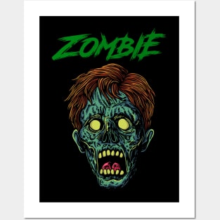 Scary green zombie head Posters and Art